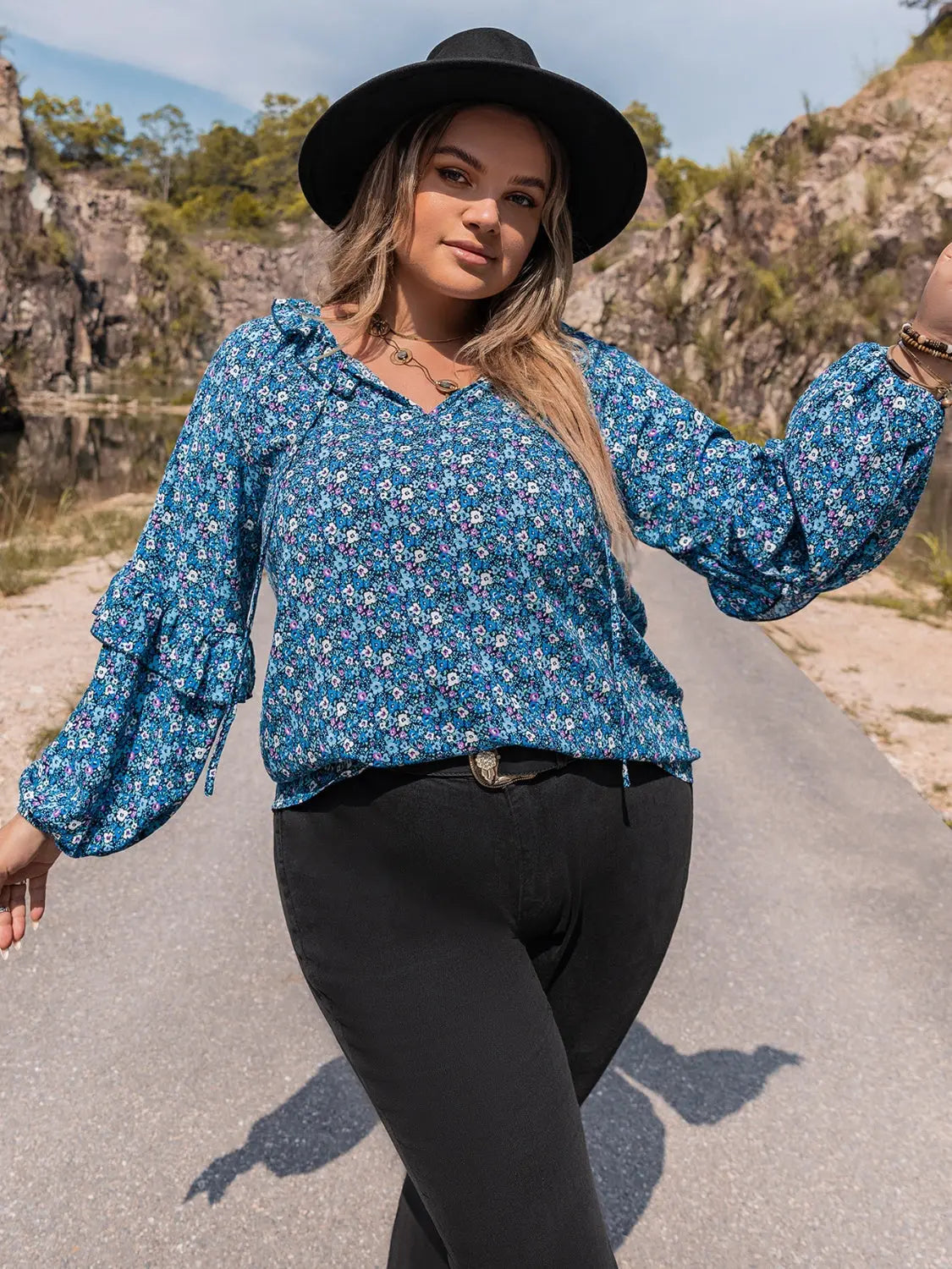 Plus Size Tie Neck Ruffled Blouse BLUE ZONE PLANET