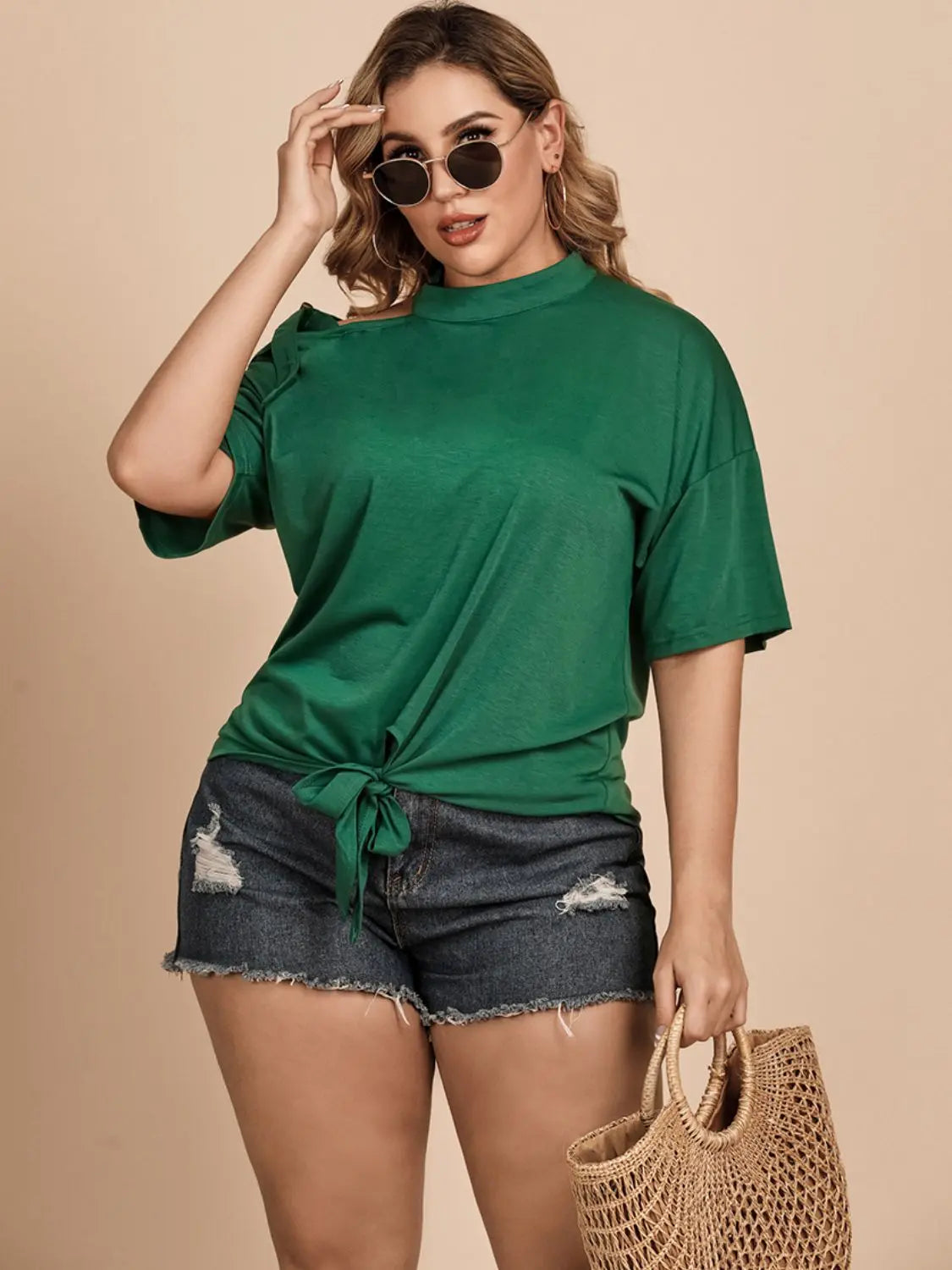 Plus Size Tied Cold-Shoulder Tee Shirt BLUE ZONE PLANET