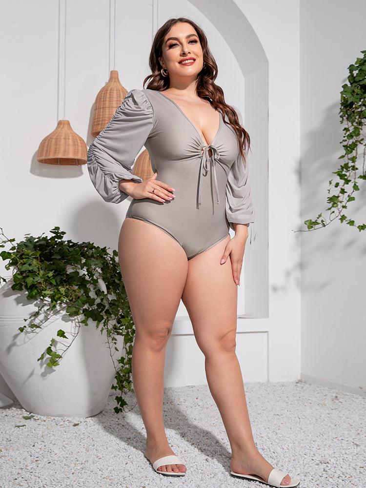 Plus Size Tied Deep V Balloon Sleeve One-Piece Swimsuit BLUE ZONE PLANET