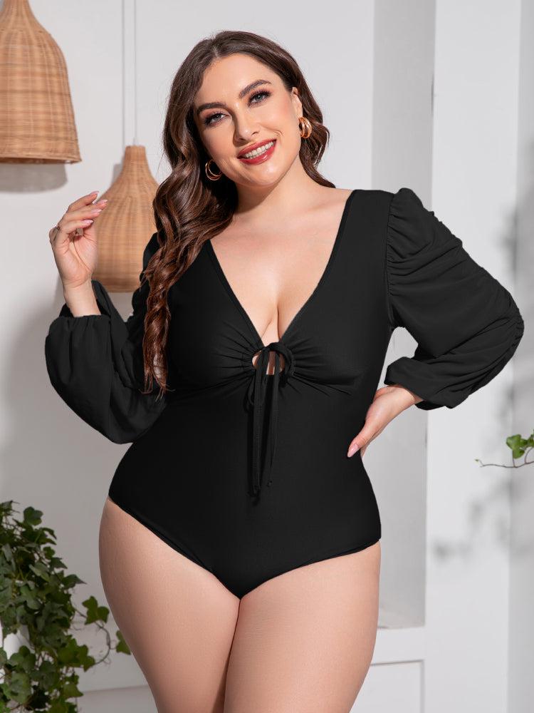 Plus Size Tied Deep V Balloon Sleeve One-Piece Swimsuit BLUE ZONE PLANET