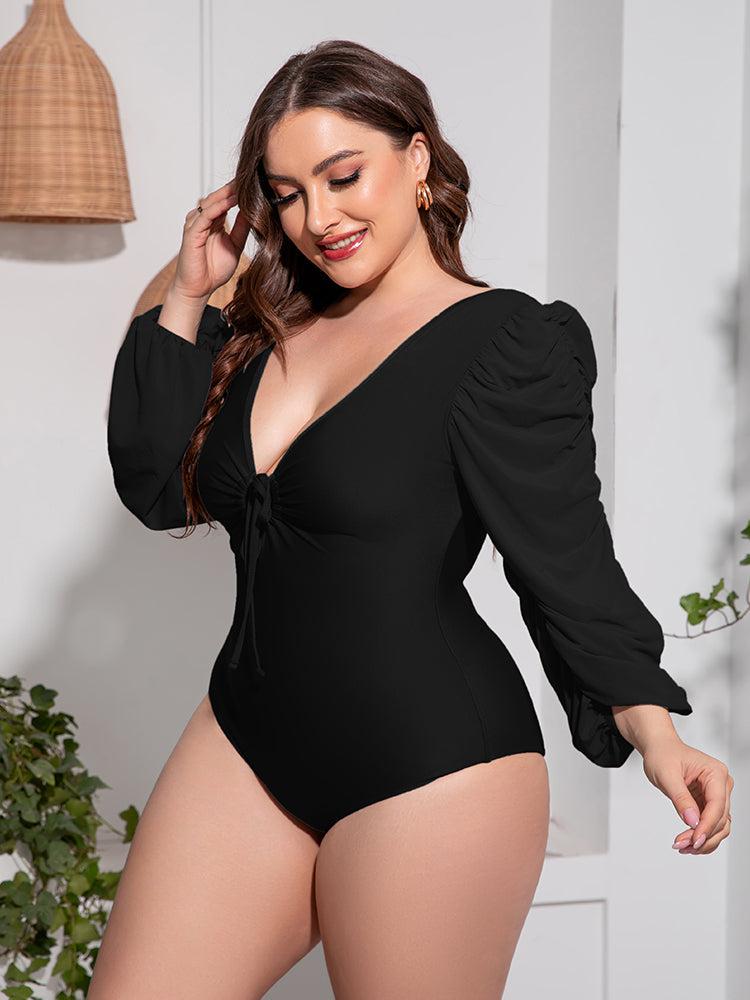 Plus Size Tied Deep V Balloon Sleeve One-Piece Swimsuit BLUE ZONE PLANET