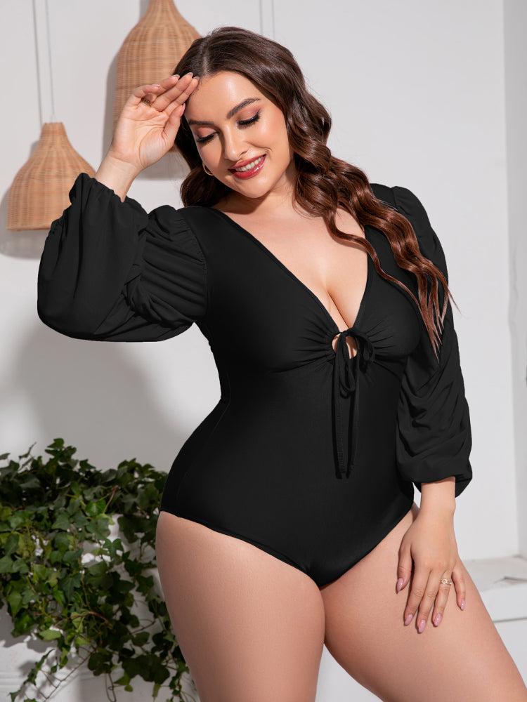 Plus Size Tied Deep V Balloon Sleeve One-Piece Swimsuit BLUE ZONE PLANET