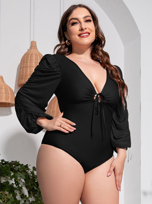 Plus Size Tied Deep V Balloon Sleeve One-Piece Swimsuit BLUE ZONE PLANET