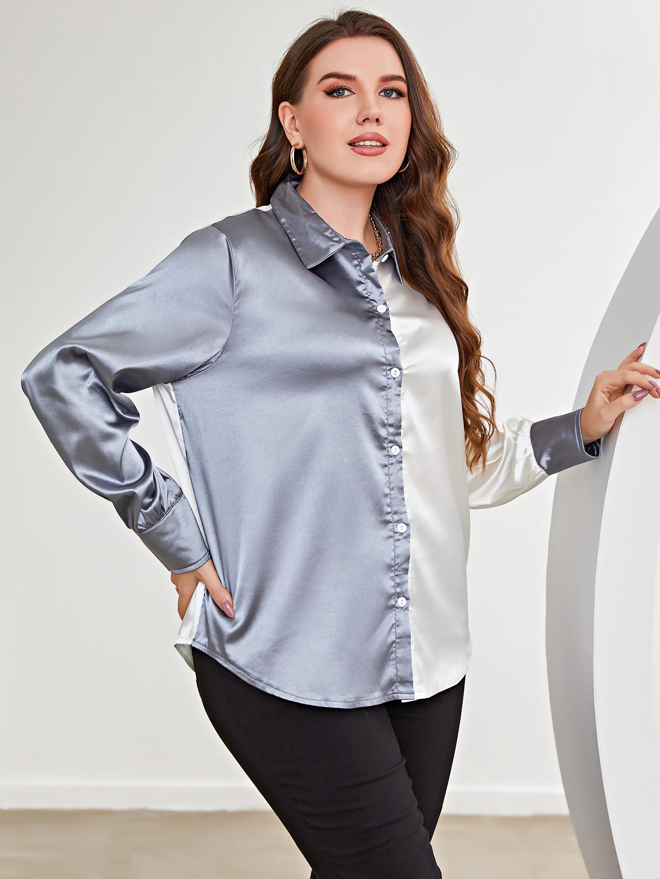 Plus Size Two-Tone Long Sleeve Shirt BLUE ZONE PLANET