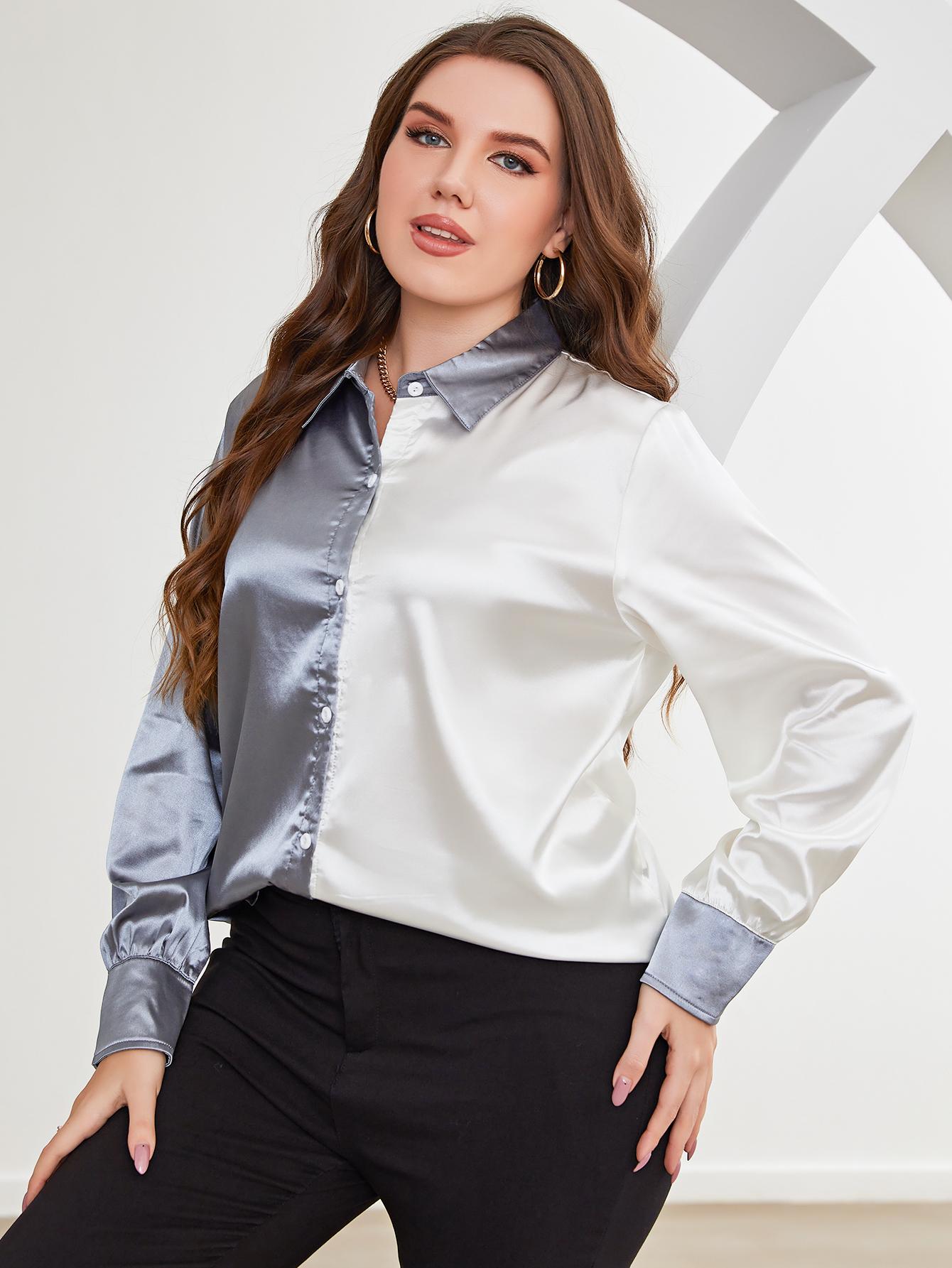 Plus Size Two-Tone Long Sleeve Shirt BLUE ZONE PLANET