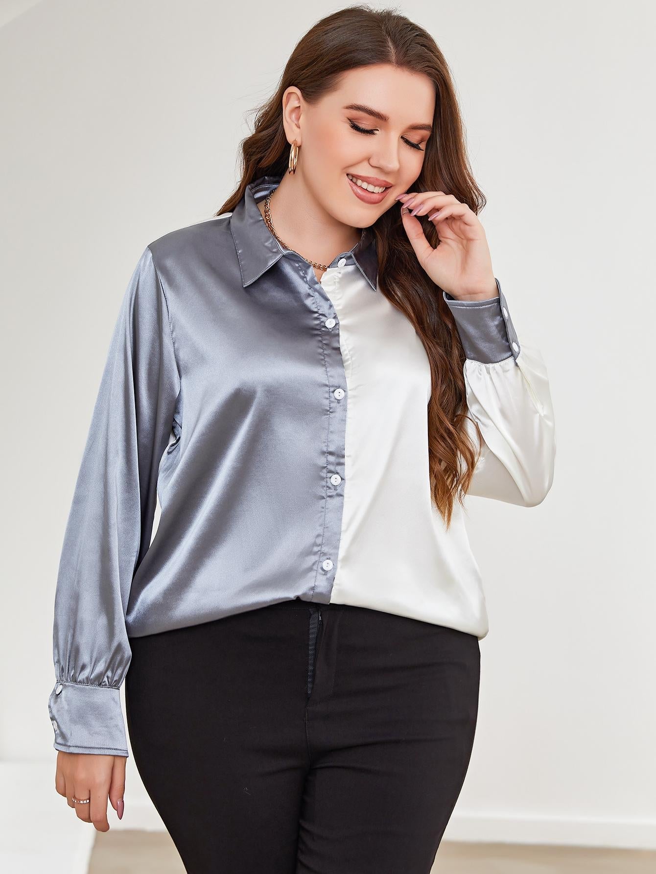 Plus Size Two-Tone Long Sleeve Shirt BLUE ZONE PLANET