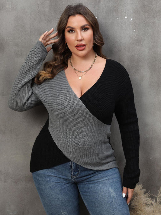 Plus Size Two-Tone Surplice Neck Sweater BLUE ZONE PLANET