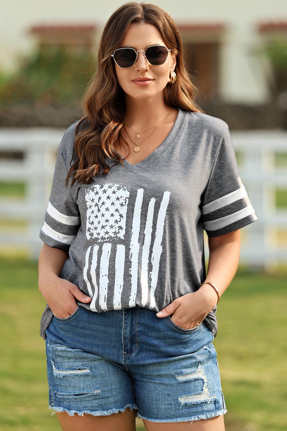 Plus Size US Flag Graphic V-Neck Tee BLUE ZONE PLANET