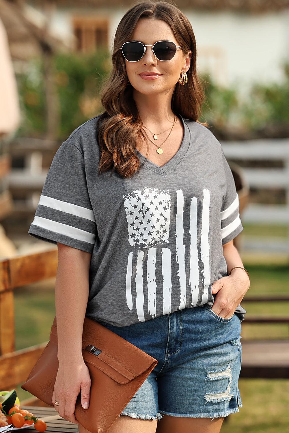 Plus Size US Flag Graphic V-Neck Tee BLUE ZONE PLANET