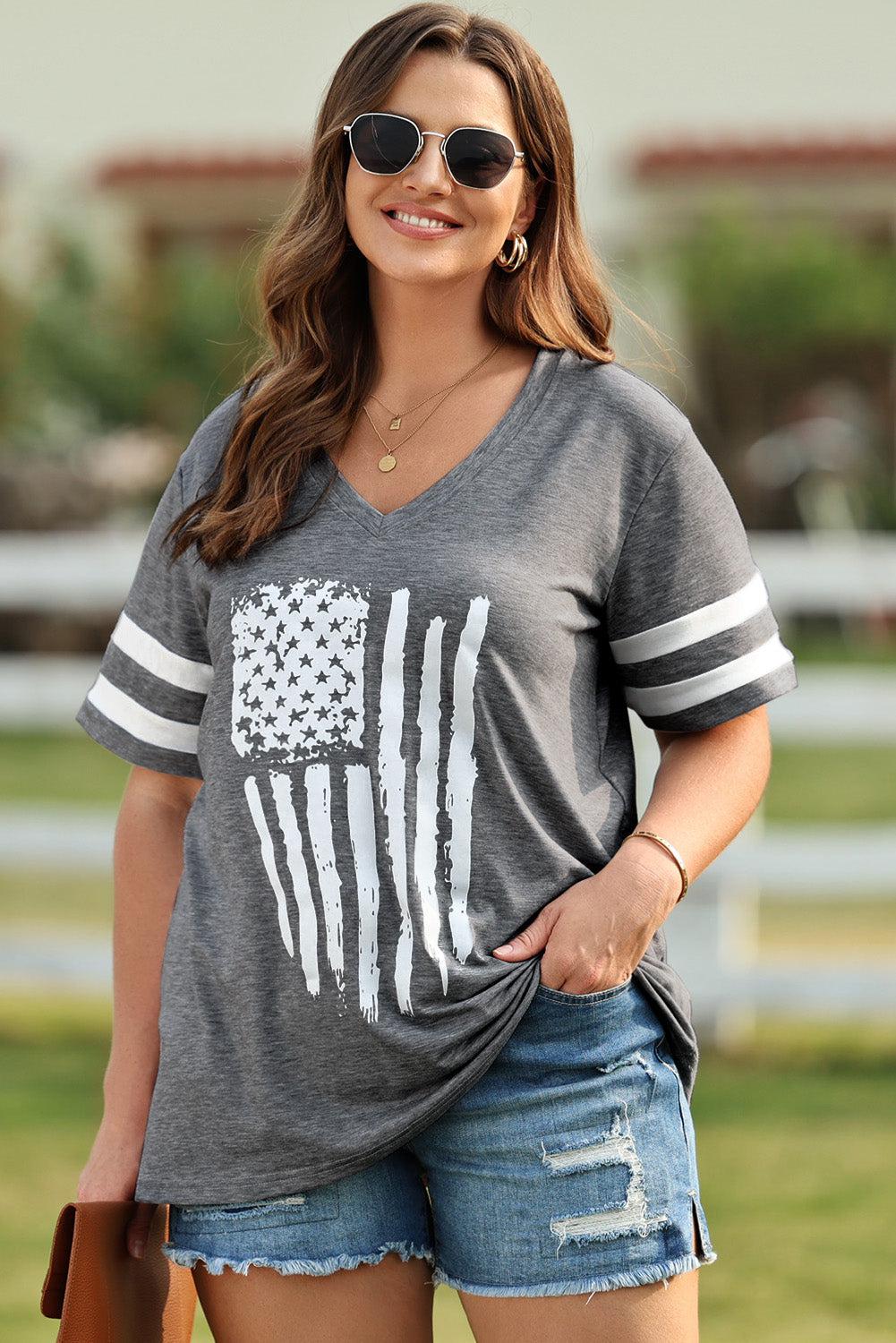 Plus Size US Flag Graphic V-Neck Tee BLUE ZONE PLANET