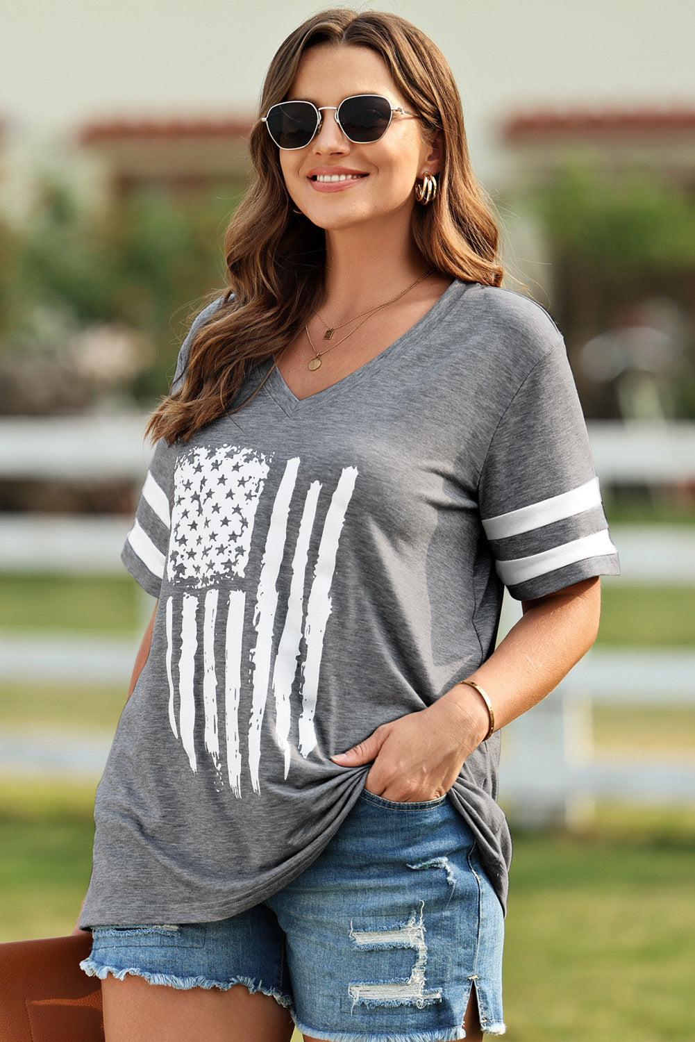 Plus Size US Flag Graphic V-Neck Tee BLUE ZONE PLANET