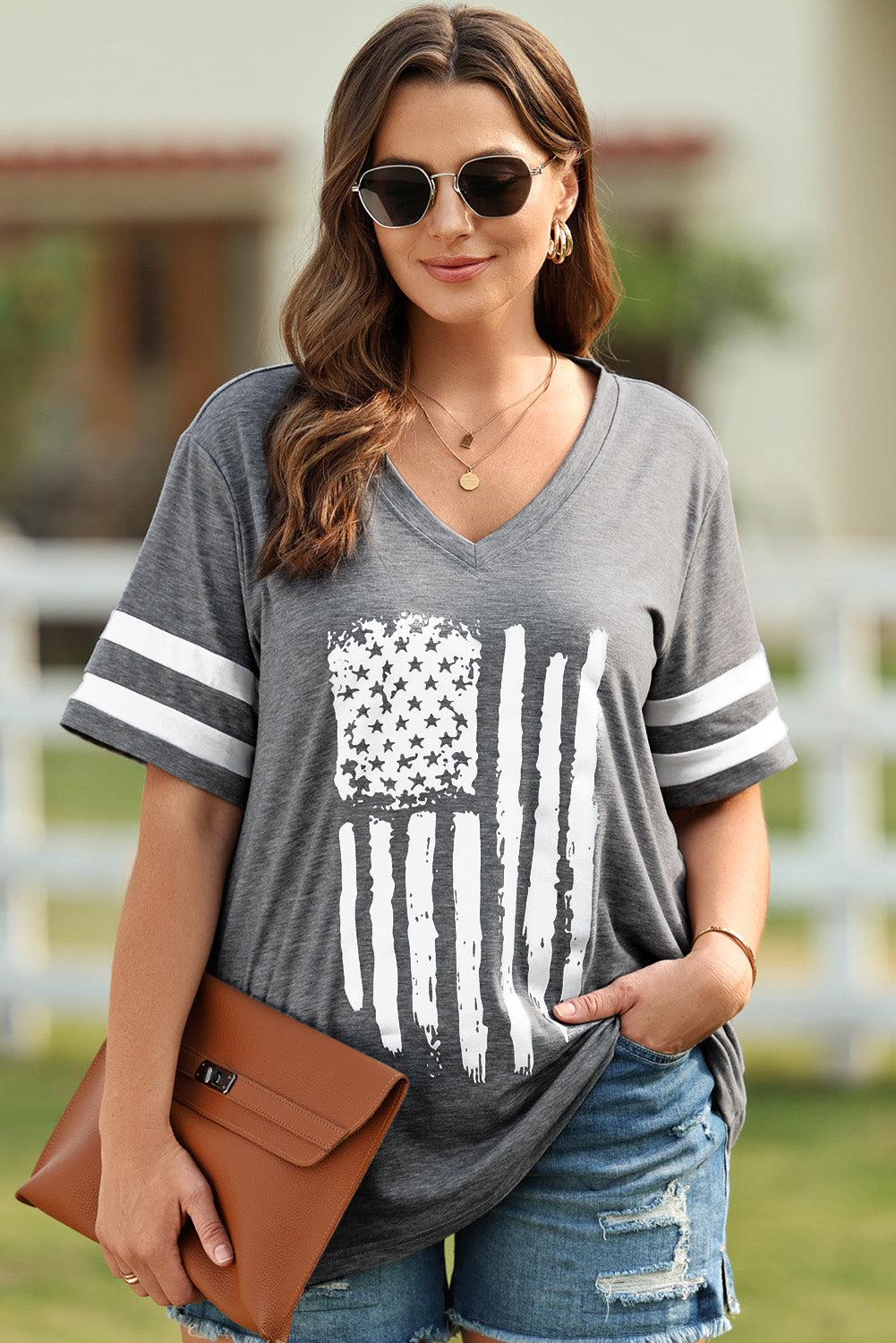 Plus Size US Flag Graphic V-Neck Tee BLUE ZONE PLANET