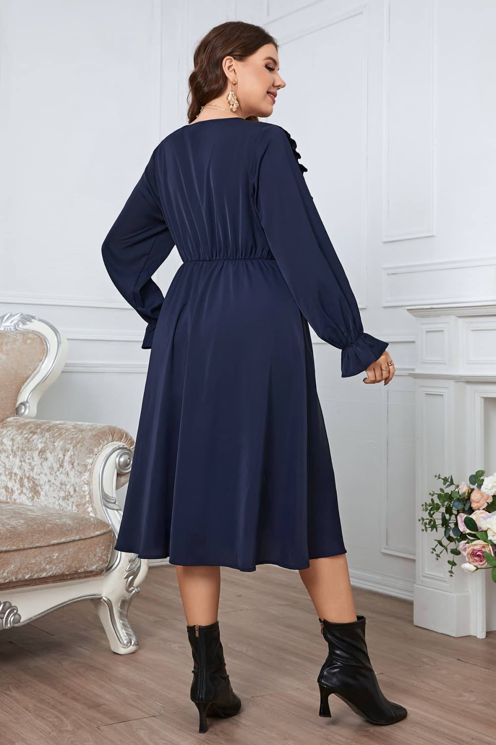 Plus Size V-Neck Buttoned Flounce Sleeve Dress BLUE ZONE PLANET