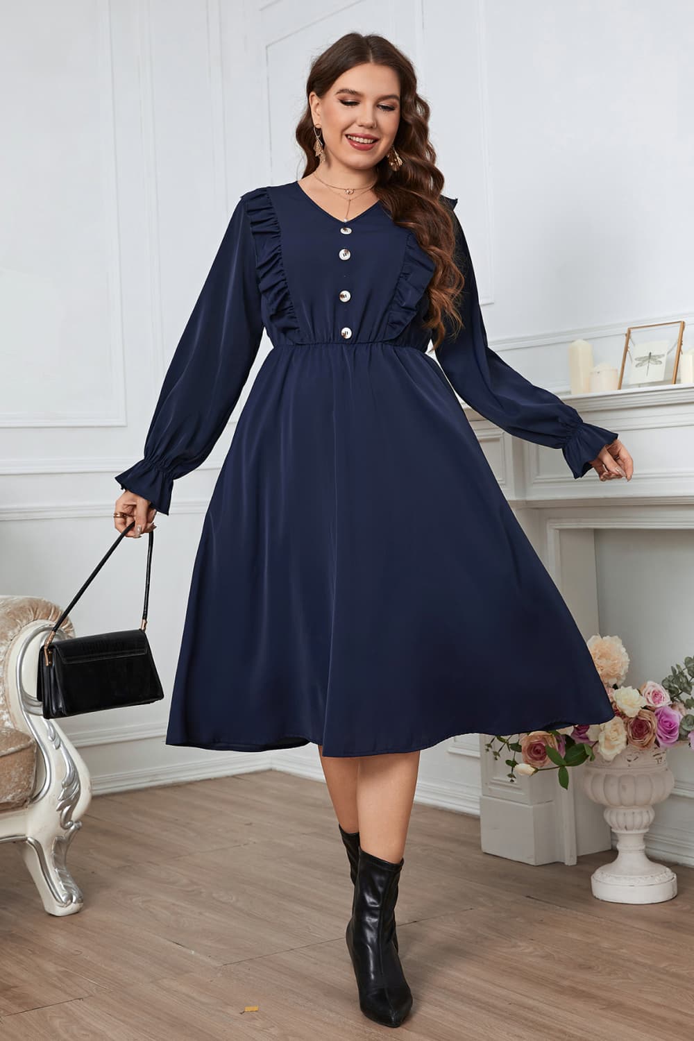 Plus Size V-Neck Buttoned Flounce Sleeve Dress BLUE ZONE PLANET