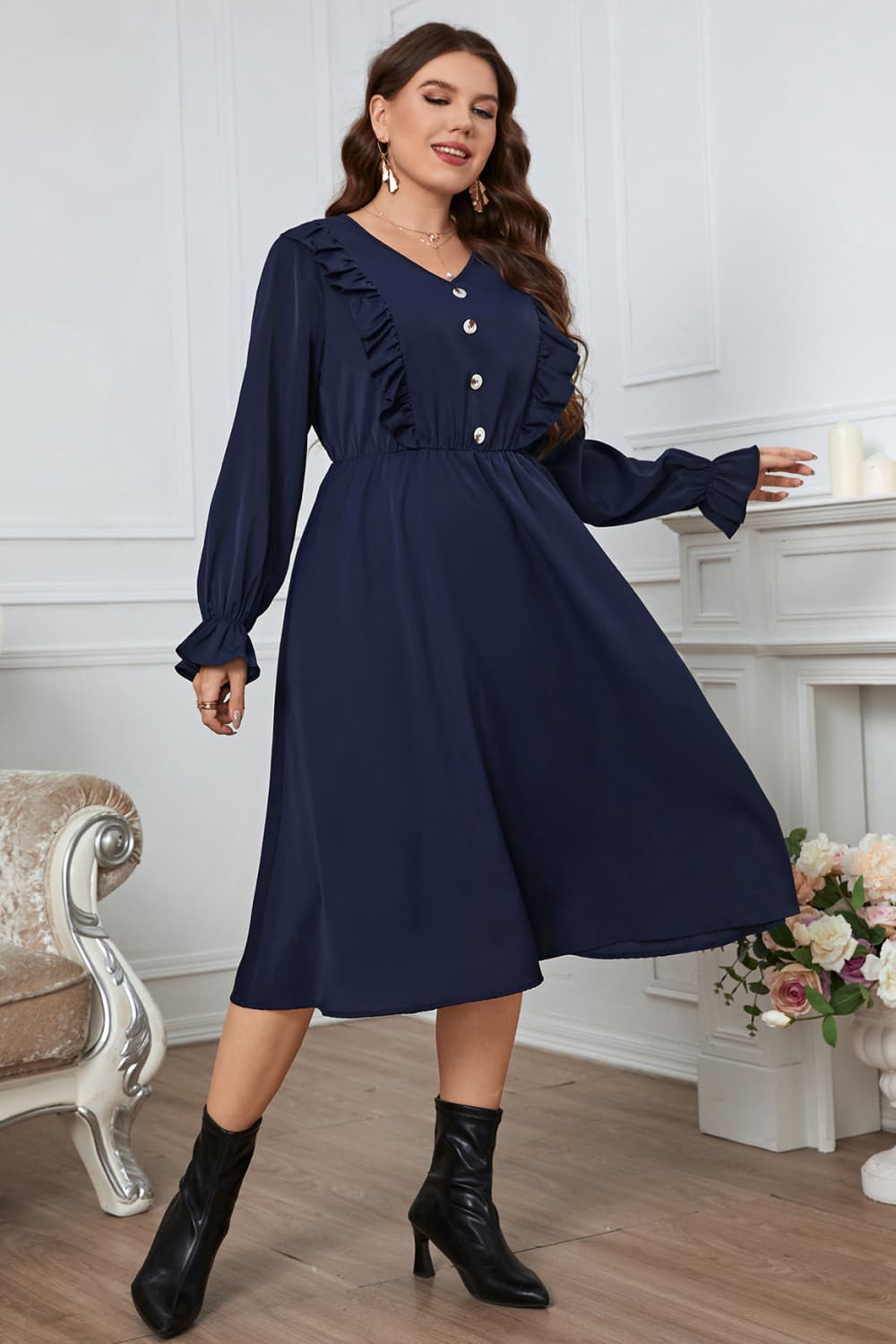 Plus Size V-Neck Buttoned Flounce Sleeve Dress BLUE ZONE PLANET