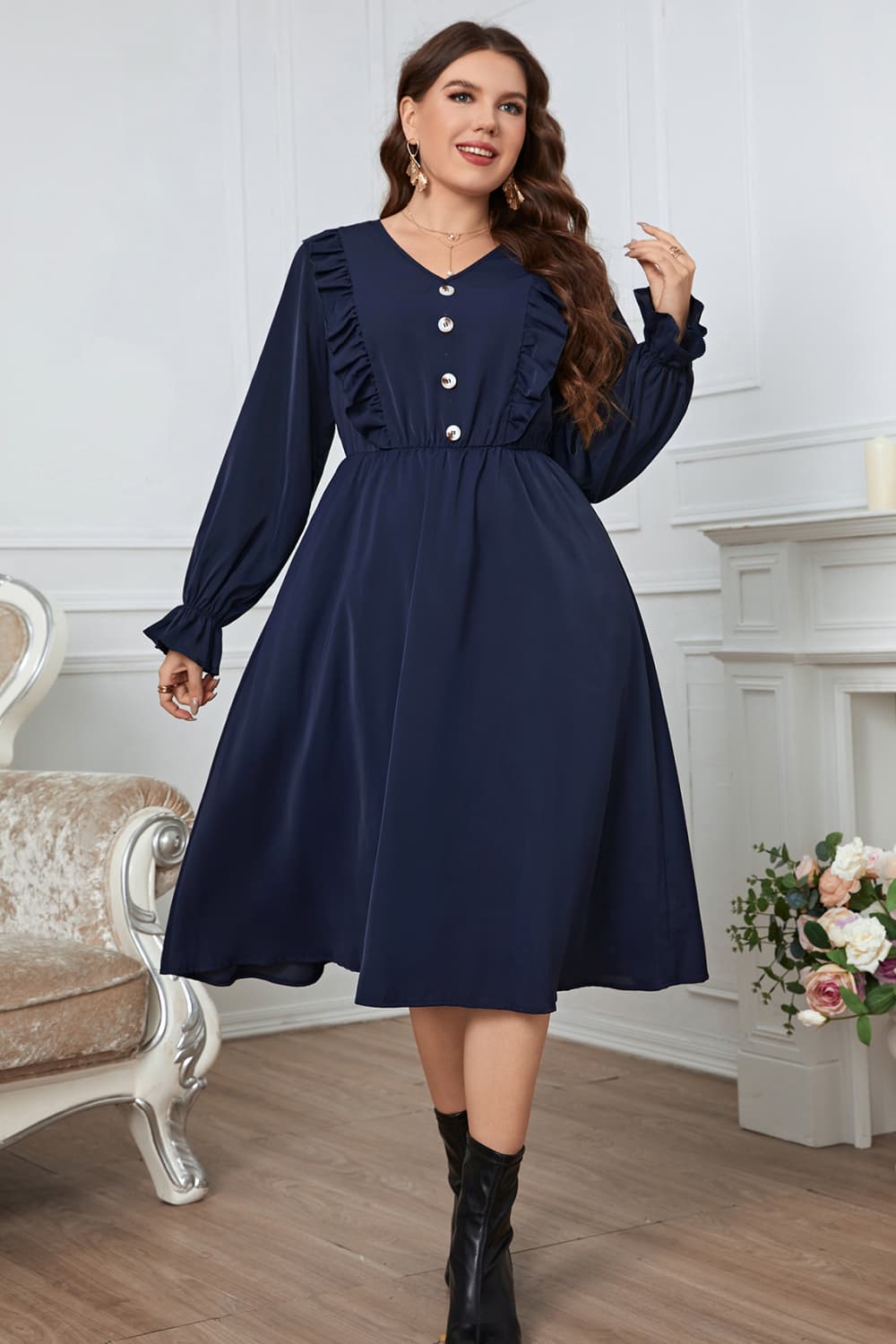 Plus Size V-Neck Buttoned Flounce Sleeve Dress BLUE ZONE PLANET