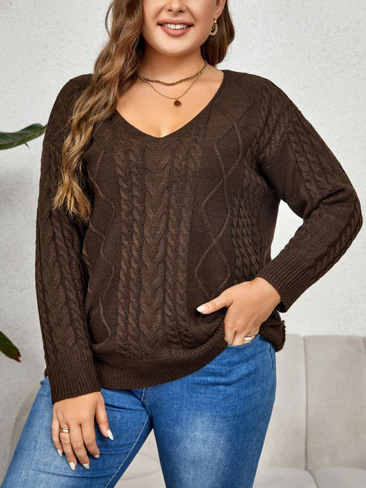 Plus Size V-Neck Cable-Knit Long Sleeve Sweater BLUE ZONE PLANET