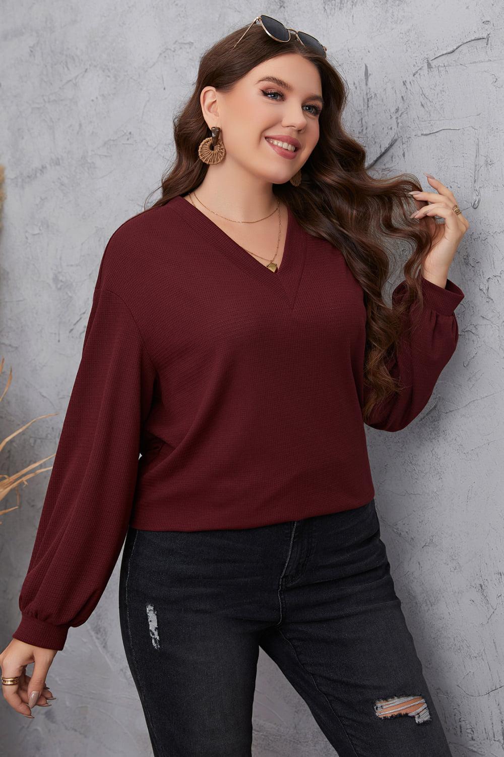 Plus Size V-Neck Dropped Shoulder Blouse BLUE ZONE PLANET