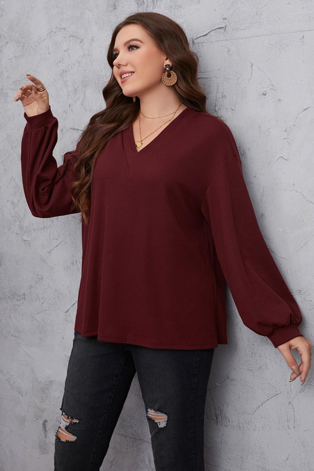 Plus Size V-Neck Dropped Shoulder Blouse BLUE ZONE PLANET