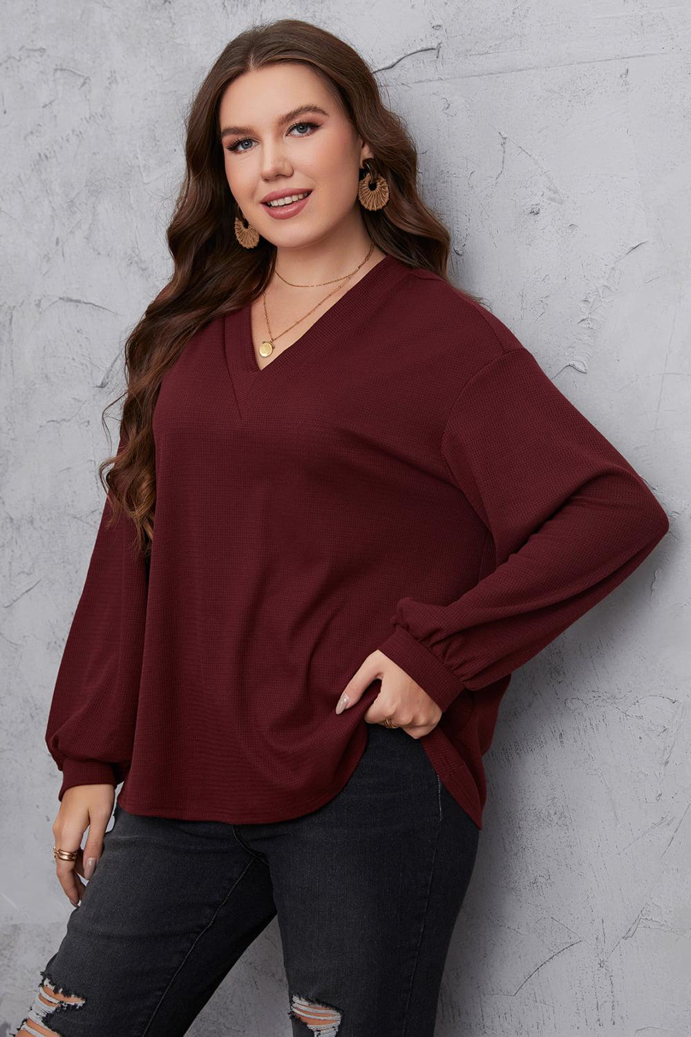 Plus Size V-Neck Dropped Shoulder Blouse BLUE ZONE PLANET