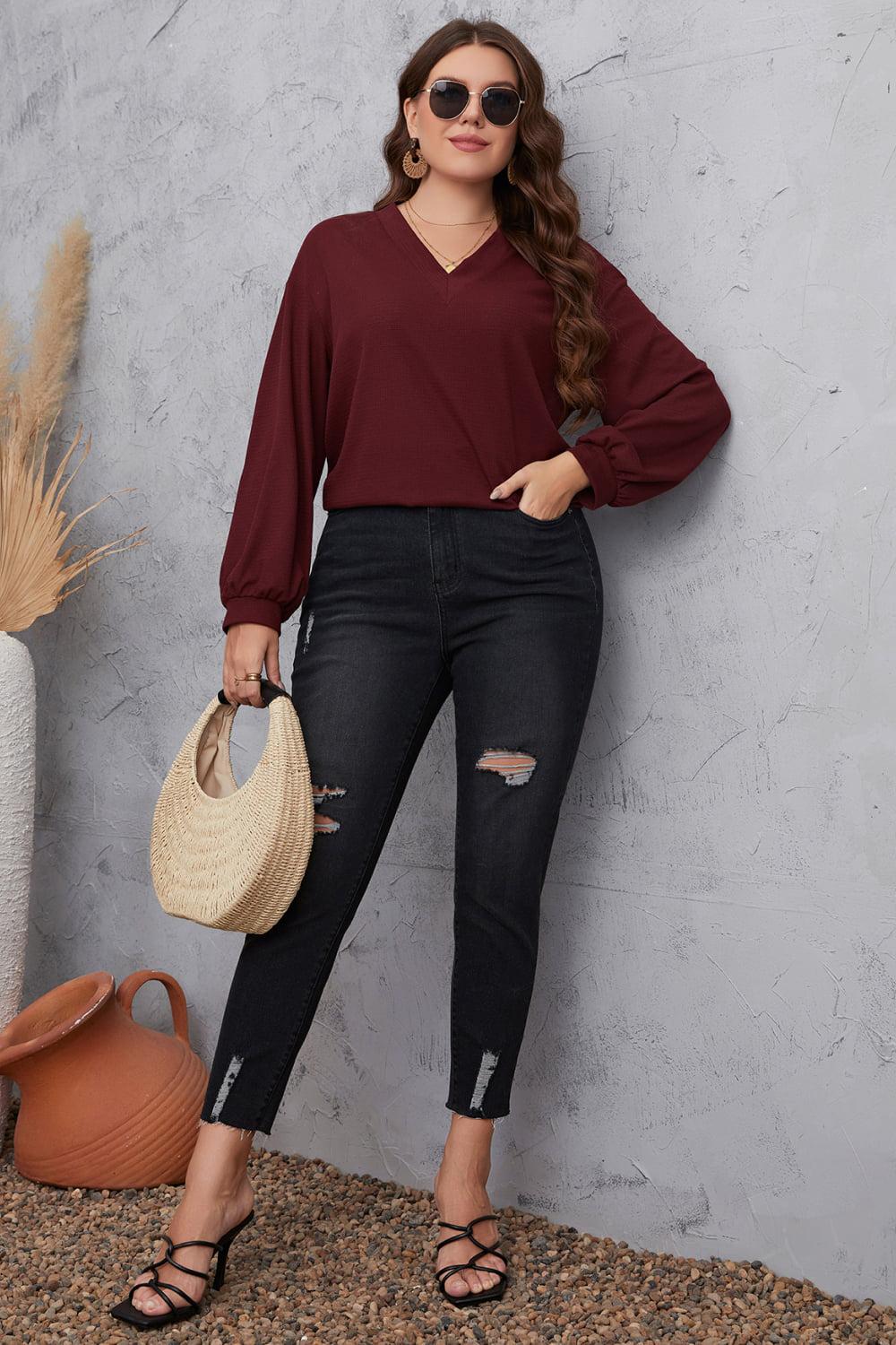 Plus Size V-Neck Dropped Shoulder Blouse BLUE ZONE PLANET