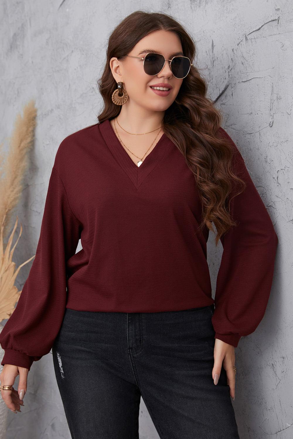 Plus Size V-Neck Dropped Shoulder Blouse BLUE ZONE PLANET