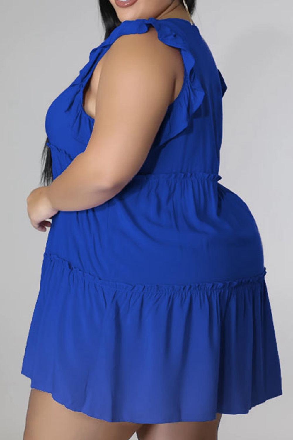 Plus Size V-Neck Frill Trim Mini Dress BLUE ZONE PLANET