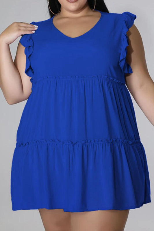 Plus Size V-Neck Frill Trim Mini Dress BLUE ZONE PLANET