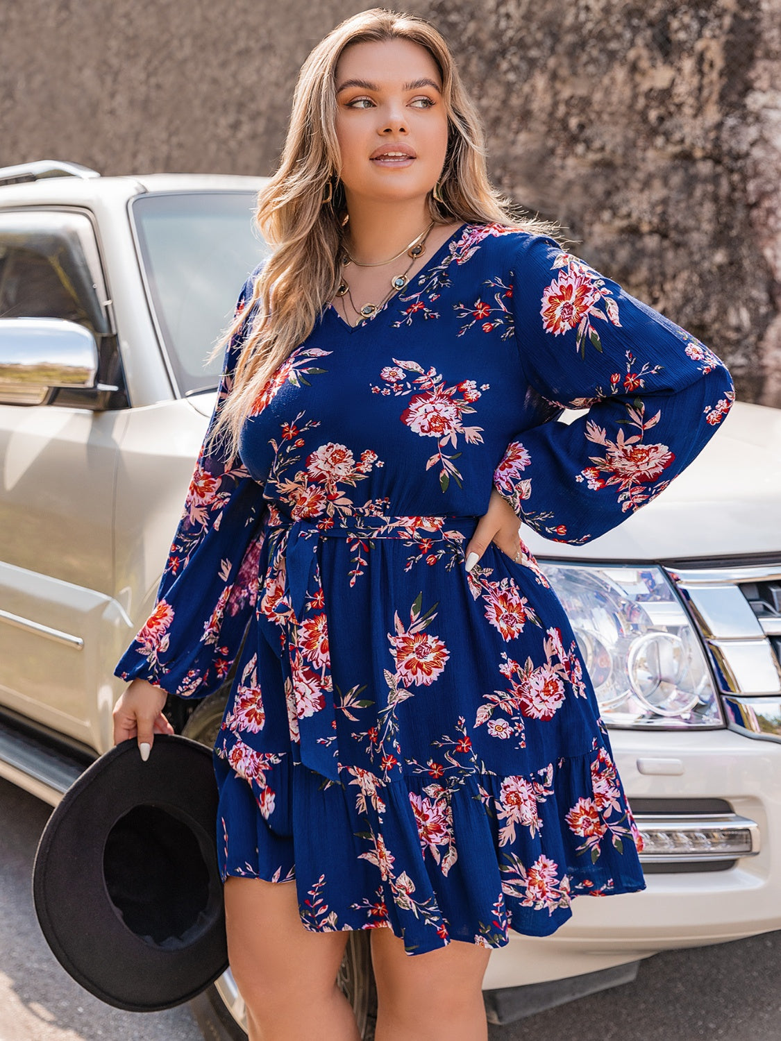 Plus Size V-Neck Long Sleeve Dress BLUE ZONE PLANET