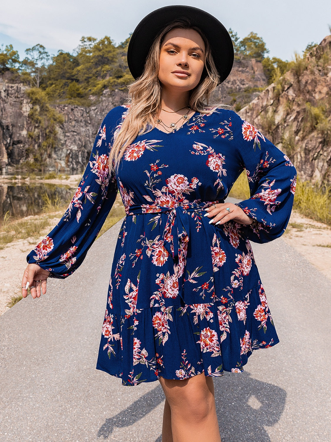 Plus Size V-Neck Long Sleeve Dress BLUE ZONE PLANET