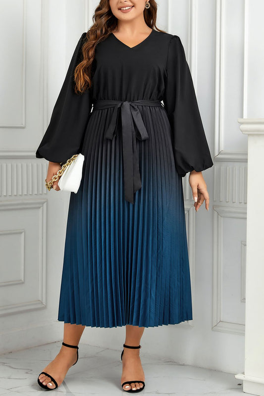 Plus Size V-Neck Long Sleeve Pleated Tie Waist Midi Dress BLUE ZONE PLANET