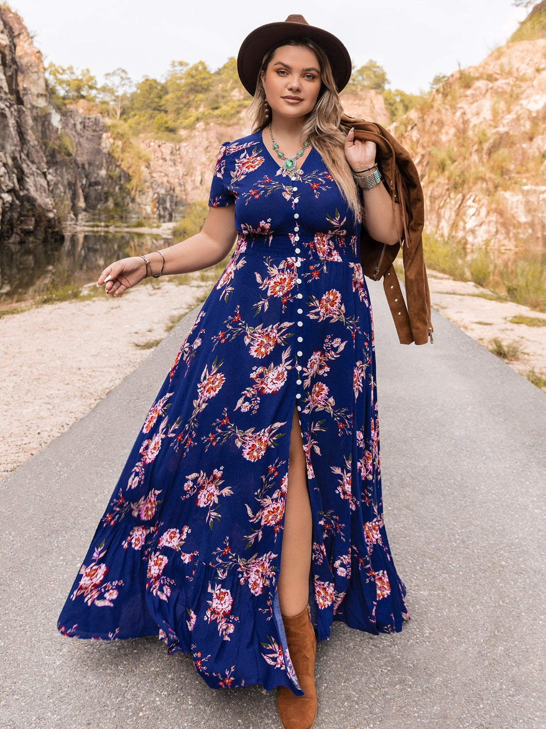 Plus Size V-Neck Maxi Dress BLUE ZONE PLANET