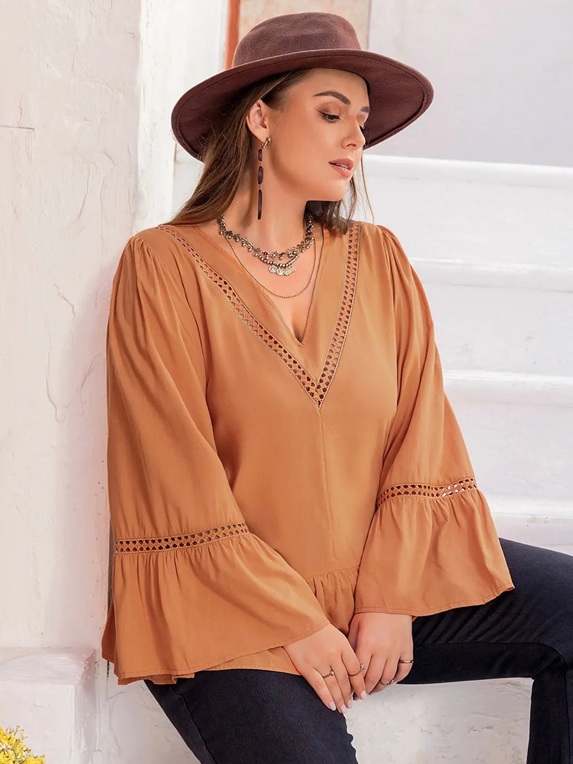 Plus Size V-Neck Peplum Blouse BLUE ZONE PLANET