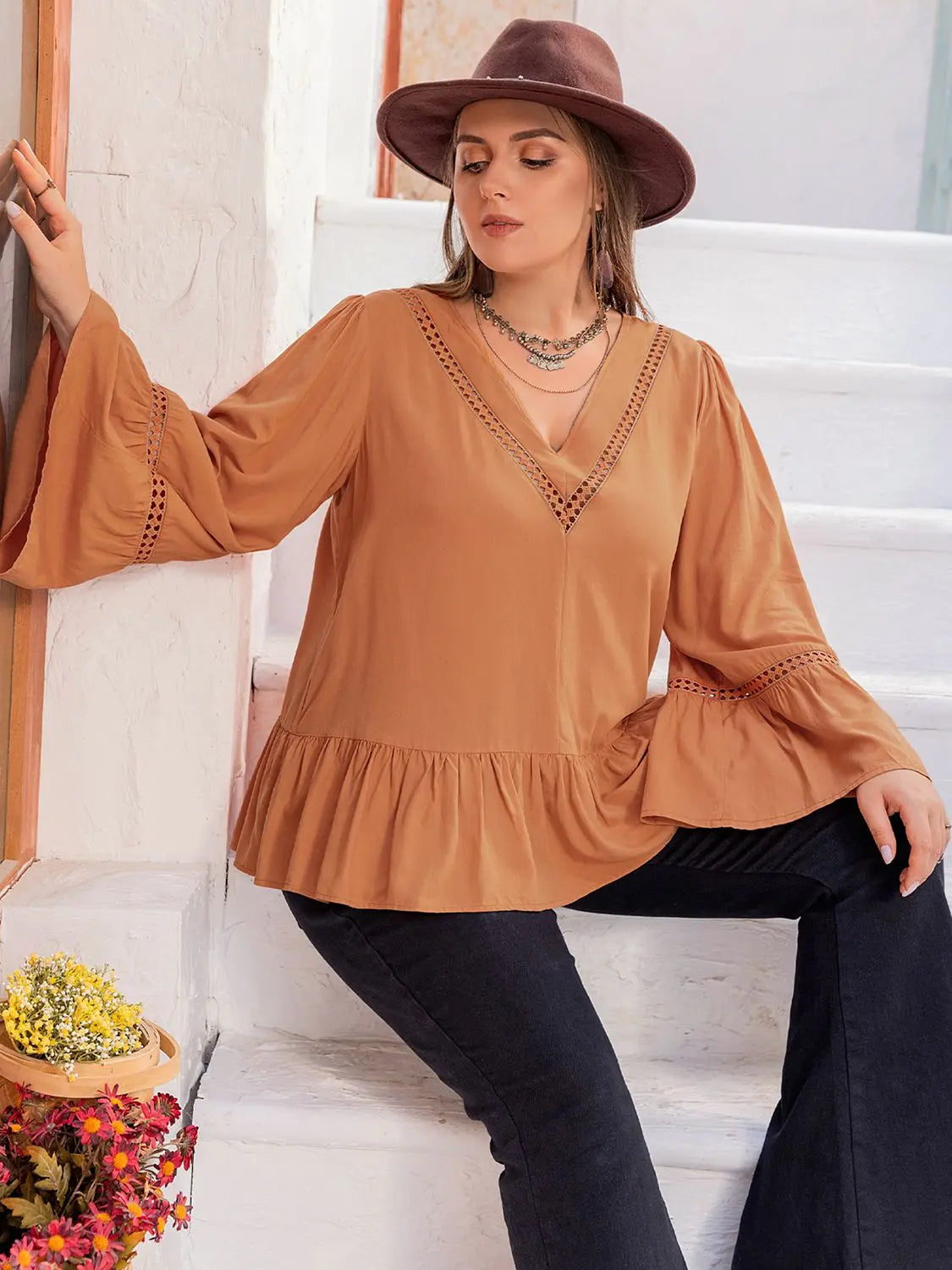 Plus Size V-Neck Peplum Blouse BLUE ZONE PLANET