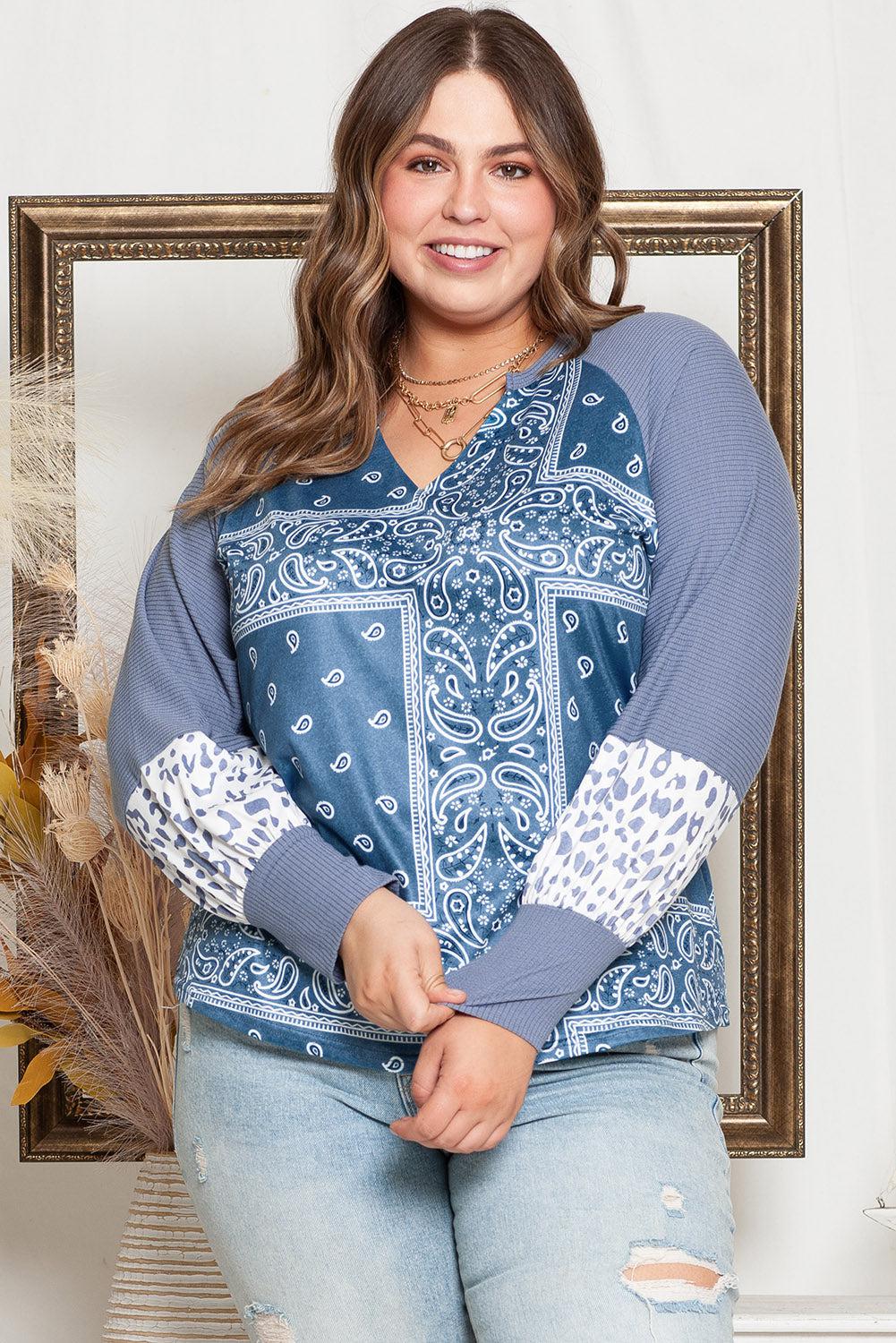 Plus Size V-Neck Printed Raglan Sleeve Blouse BLUE ZONE PLANET