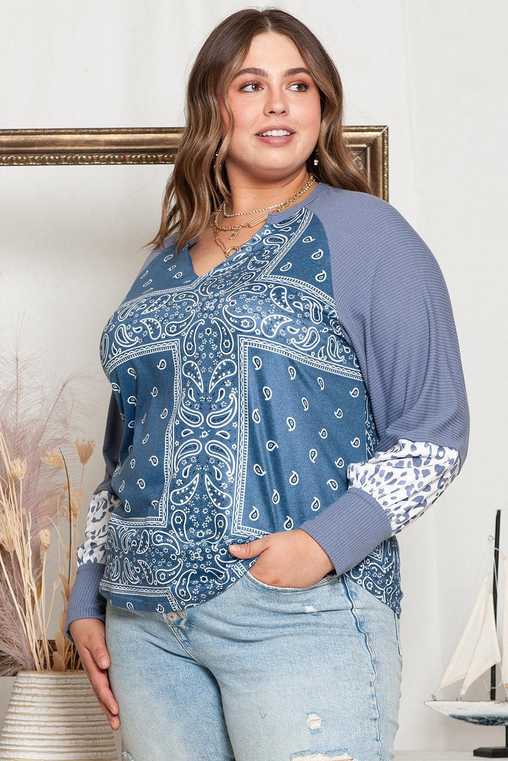 Plus Size V-Neck Printed Raglan Sleeve Blouse BLUE ZONE PLANET