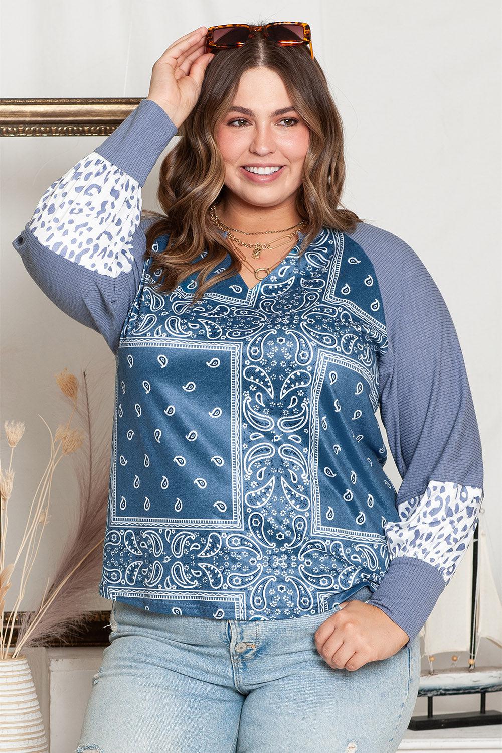 Plus Size V-Neck Printed Raglan Sleeve Blouse BLUE ZONE PLANET