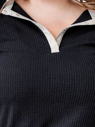 Plus Size Waffle-Knit Half Snap Long Sleeve Shirt BLUE ZONE PLANET