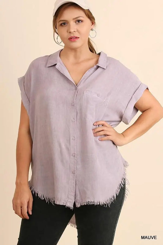 Plus Size Washed Button Up Short Sleeve Top With Frayed Hemline Blue Zone Planet