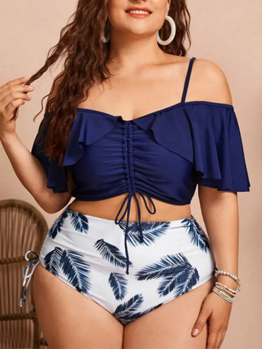 Plus Size Women-Drawstring Ruffle Bikini One Shoulder Strap High Waist Swimsuit Set BLUE ZONE PLANET