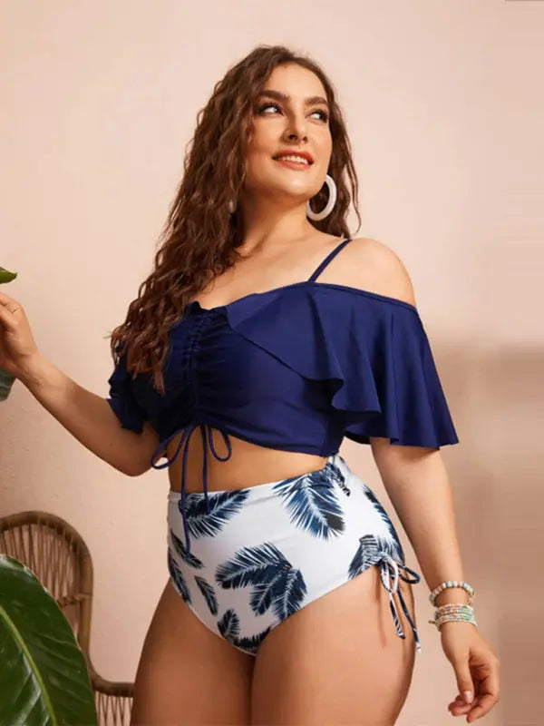 Plus Size Women-Drawstring Ruffle Bikini One Shoulder Strap High Waist Swimsuit Set BLUE ZONE PLANET