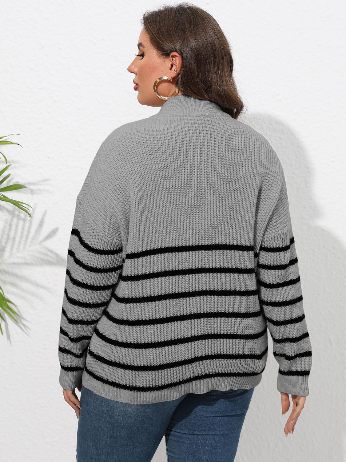 Plus Size Zip-Up Striped Sweater BLUE ZONE PLANET