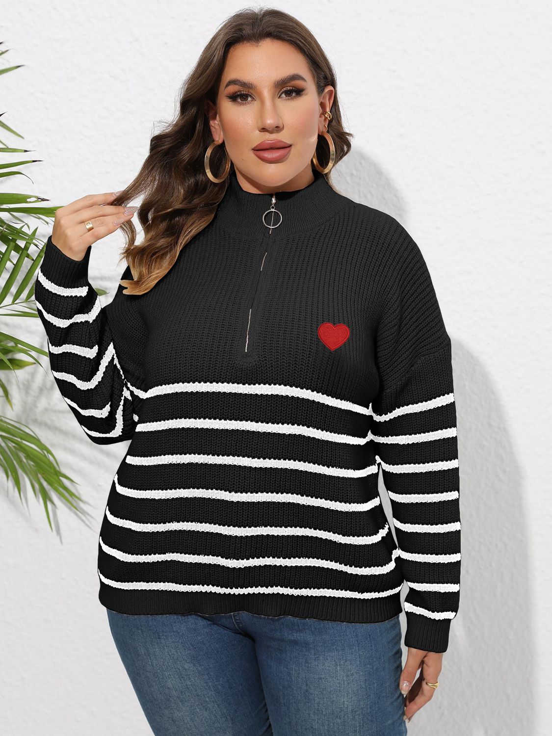 Plus Size Zip-Up Striped Sweater BLUE ZONE PLANET