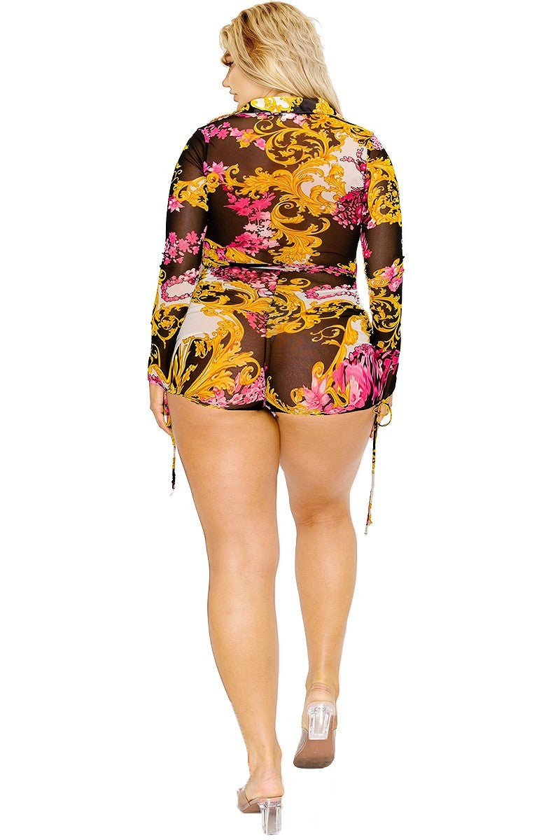 Plus gold & floral pattern print belted romper Blue Zone Planet