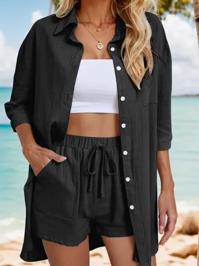 Pocketed Button Up Shirt and Drawstring Shorts Set Trendsi