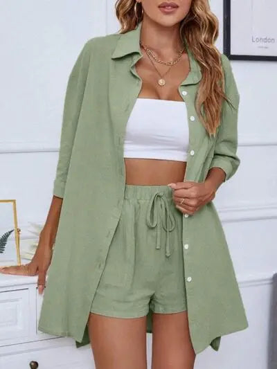 Pocketed Button Up Shirt and Drawstring Shorts Set Trendsi