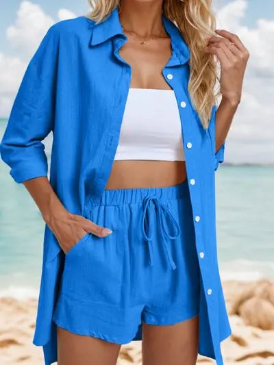 Pocketed Button Up Shirt and Drawstring Shorts Set Trendsi