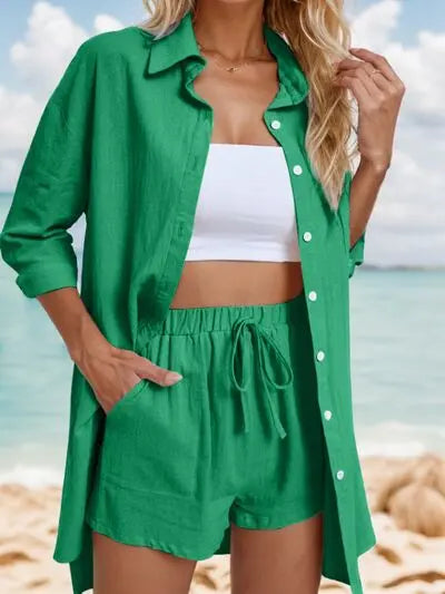 Pocketed Button Up Shirt and Drawstring Shorts Set Trendsi