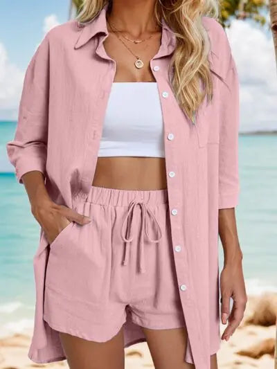 Pocketed Button Up Shirt and Drawstring Shorts Set Trendsi