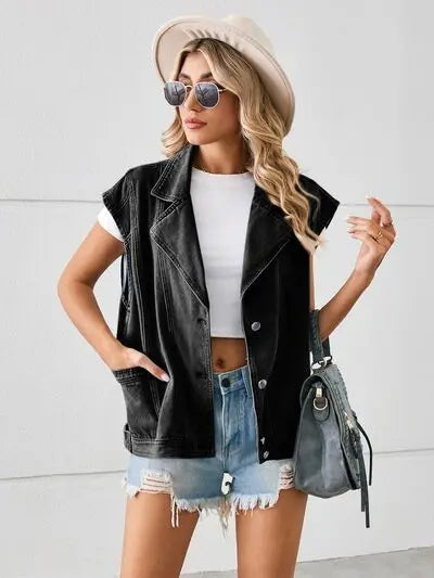 Pocketed Button Up Sleeveless Denim Jacket Trendsi